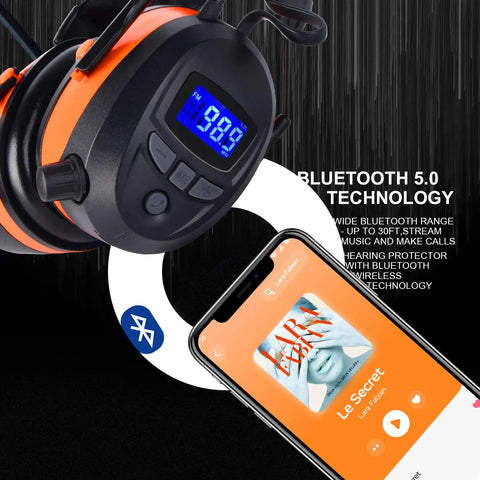 Safety Bluetooth Earmuffs For Mowing And Power Tools With FM Radio NRR 29dB displays LCD screen with smartphone.
