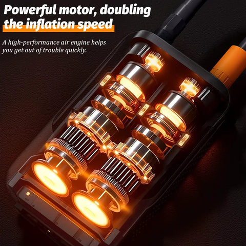 Cordless car tire inflator motor showing dual digital screens, compact design with powerful performance for quick inflation