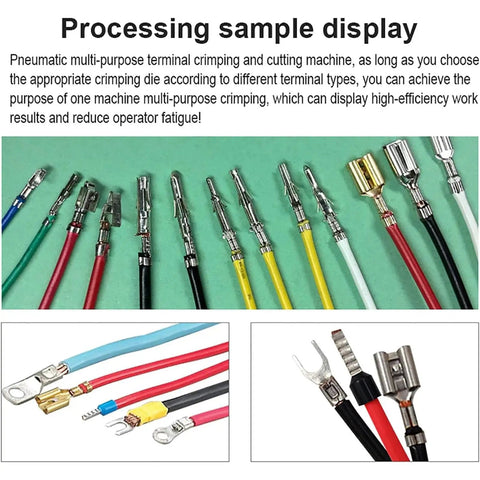 Processing sample display of various terminal connectors used with Top Tier Semi Automatic Pneumatic Terminal Crimper.