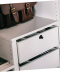 Hidden Recessed Flush Pull Handle For Cabinets And Drawers Easy Install shown on a white drawer in a modern bookshelf setup