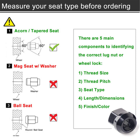 Diagram showing seat types for lug nuts, highlighting acorn/tapered seat suitable for Pack Of 20 Half Inch Lug Nuts Open End Bulge Acorn.