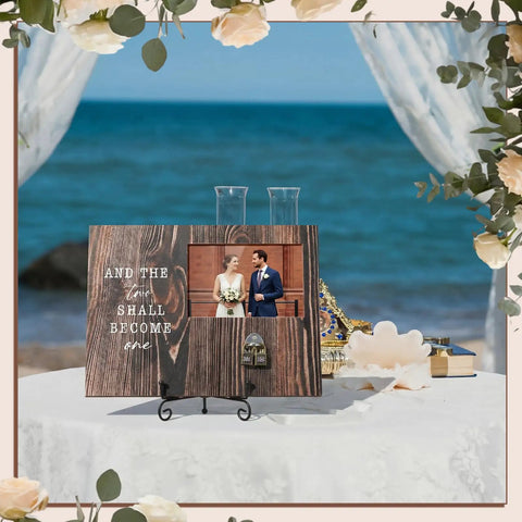 Top Tier Wooden Picture Frame For Wedding Unity Ceremony With Sweet Retro Love Locks And Keys Fits 4X6 Photos displayed by ocean.