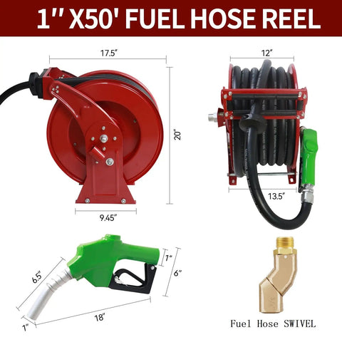 1 Inch Fuel Hose Reel With 50 Ft Retractable Ratchet Spring Drive, Diesel Hose Reel With 360 Degree Swivel, Auto Shut Off Nozzle