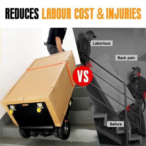 Heavy Duty Electric Stair Climbing Dolly 661Lb Capacity 600W Motor Powered Hand Truck Cart moving a box up stairs