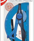 Slick Twist Lock Compass And Protractor Set For Precise Geometry Drafting with a black pencil and blue protractor.