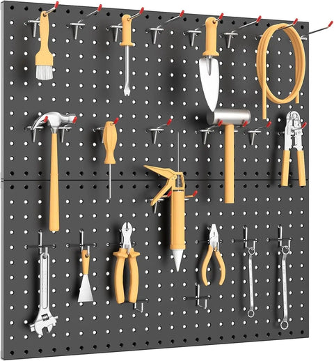 Beefy Pegboard Wall Organizer Kit For Garage And Shed 30 By 60 Cm Metal Pegboard Panels With Tool Storage displayed with tools