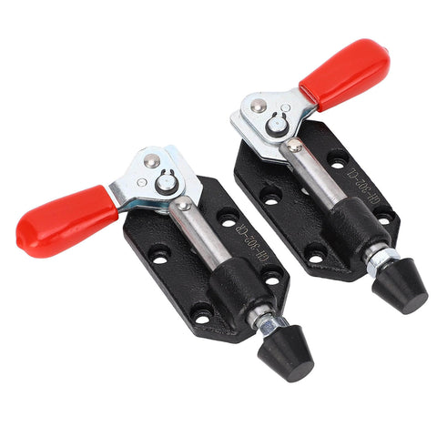 Two Pack Push Pull Toggle Clamp Set with red ergonomic plastic handles and cast iron construction for woodworking jigs and fixtures.