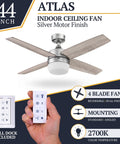 44 Inch Modern Indoor LED Ceiling Fan With Light And Remote, Dual Mounting Options, Silver Dual Finish Blades, Reversible Motor