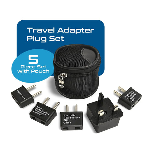 Worldwide Travel Plug Adapter Set, 5 Piece Kit For Phones, Laptops, And Chargers, Polarized Plugs Labeled By Country, Works In Most Countries