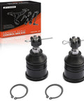 Front Lower Ball Joint Replacement For Honda Civic 1992 To 2000, Civic Del Sol 1993 To 1997, CR-V 1997 To 2001, Acura EL 1997 To 2000, Integra 1994 To 2001, Heavy Duty Suspension Part For A Smooth Tight Ride. Two black ball joints with retaining clips and rings.