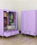 Kickass Portable Folding Wardrobe Closet Nonwoven Fabric Dust Proof Storage Cabinet With Multiple Hanging Shelves And Shoe Pockets For Zero Sweat Bedroom Organizing, purple, with clothes and shelves inside.