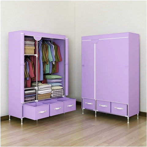 Slick Portable Folding Wardrobe Closet With Reinforced Steel Bars And Ample Hanging Space, waterproof nonwoven fabric storage rack for clothes and daily gear, featuring purple color.