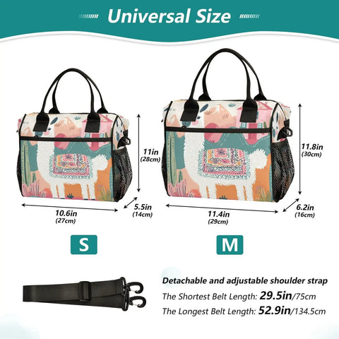 Desert Beige Insulated Lunch Bag for Women and Men, showing small and medium sizes with shoulder strap dimensions.