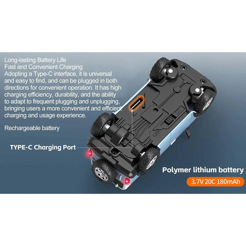 Bottom view of WLtoys 1 To 64 Scale Mini RC Car With 720P HD FPV Camera, showing Type-C charging port and battery details, blue model.