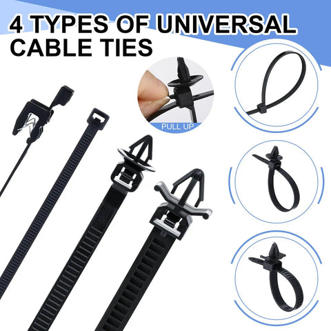 Image of 4 types of cable ties from 200 Piece Car Wire Loom Routing Clips Push Mount Assortment DIY Friendly With Nylon Cable Ties