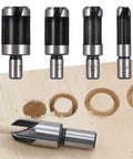 Top Shelf Carbon Steel Wood Plug Cutter Set With Taper Claw Bits And Chamfered Edge Cutters In 5/8 1/2 3/8 1/4 Inch Sizes on a wood board.