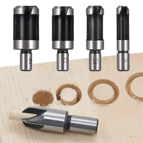 Top Shelf Carbon Steel Wood Plug Cutter Set With Taper Claw Bits And Chamfered Edge Cutters In 5/8 1/2 3/8 1/4 Inch Sizes on a wood board.