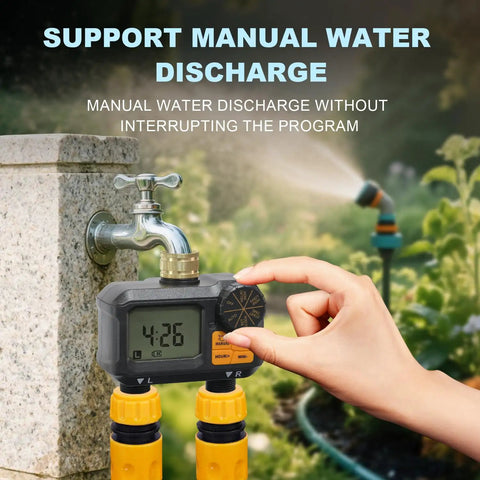 Hand adjusting water timer for garden hose two outlet sprinkler system with brass swivel rain delay on outdoor faucet