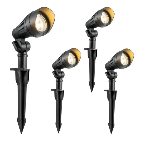 Image of Low Voltage LED Landscape Lights 4 Pack, 3.2W 240LM, 3000K Warm White with stake mount, ideal for outdoor use.