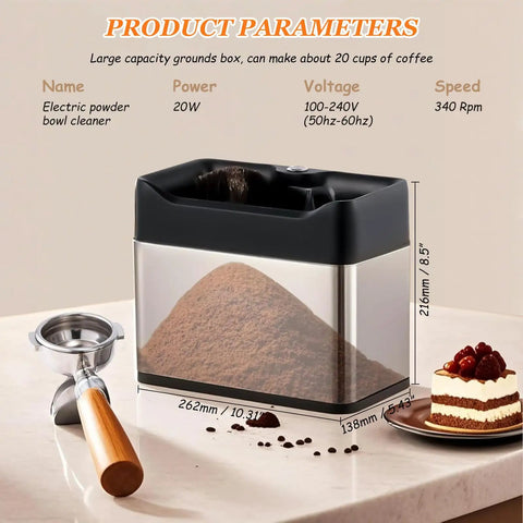 Straight Up Game Changer Electric Espresso Knock Box And Portafilter Cleaner with 20W motor, stainless steel, 8.5 in height.