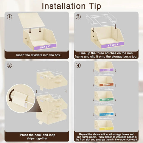 Installation steps for 5 Tier Closet Organizer With Weekly Labels And Stackable Bins Metal Frame Shelf Foldable Cube Bins Kid Friendly
