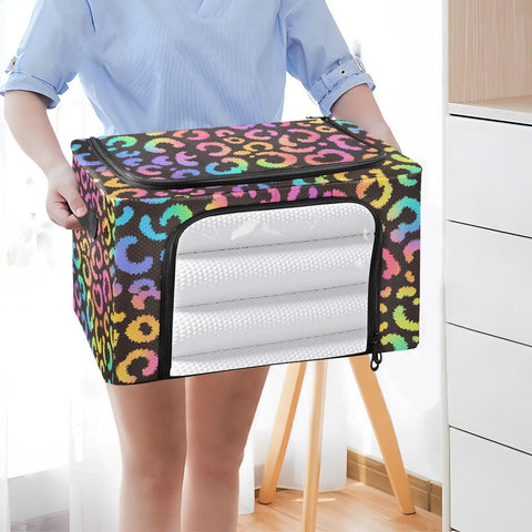 Hella Roomy Foldable Storage Bin With Clear Front Window And Top Front Twin Zippers Built Tough Steel Rod Support Real Sturdy Home Organizer in leopard print.