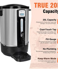 Real 100 Cup Big Batch Commercial Coffee Urn With 20L Stainless Steel And Double Wall Insulation, side view showing features