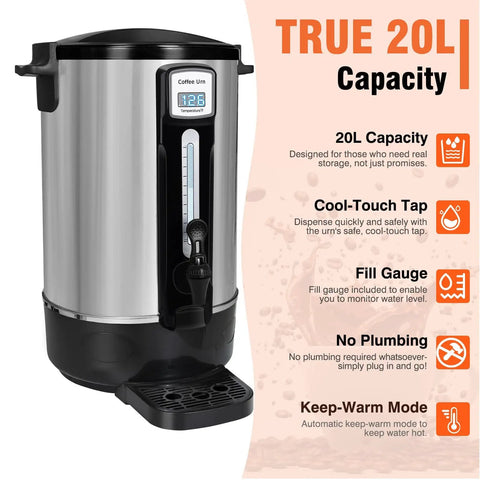 Real 100 Cup Big Batch Commercial Coffee Urn With 20L Stainless Steel And Double Wall Insulation, side view showing features