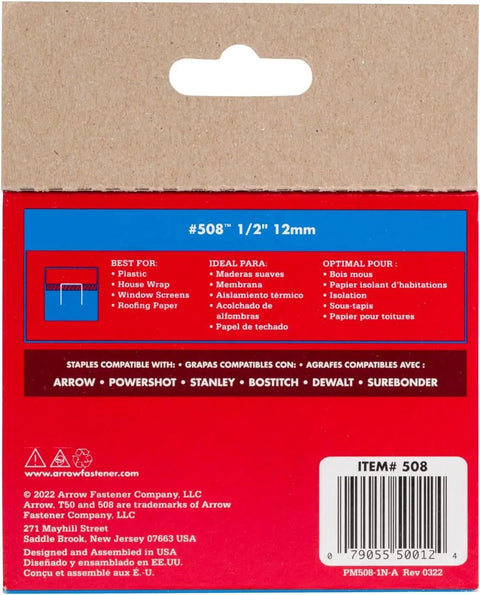 Badass T50 Heavy Duty Staples Featuring 1/2 Inch Legs And 3/8 Inch Crowns For Upholstery Construction Furniture Repairs And Crafts 1250 Pack back packaging showing ideal uses and compatibility.