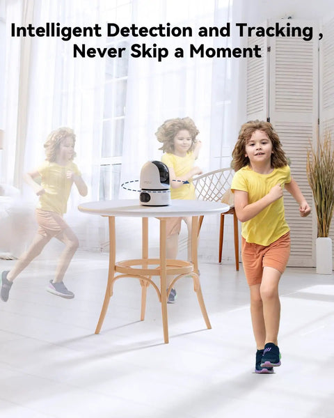 2K WiFi Indoor Security Camera For Pets And Baby With AI Motion And Sound Detection on table tracking running child