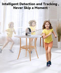 2.5K Indoor WiFi Security Camera illustrating AI tracking of a child running in a room with 360 Degree View AI Human Detection.