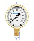 Built Tough Heavy Duty Fully Brass Hydraulic Glycerin Filled Pressure Gauge With Two And A Half Inch Dial Quarter Inch NPT