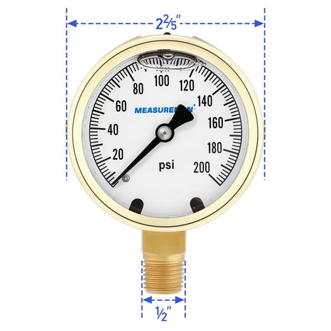 Built Tough Heavy Duty Fully Brass Hydraulic Glycerin Filled Pressure Gauge With Two And A Half Inch Dial Quarter Inch NPT