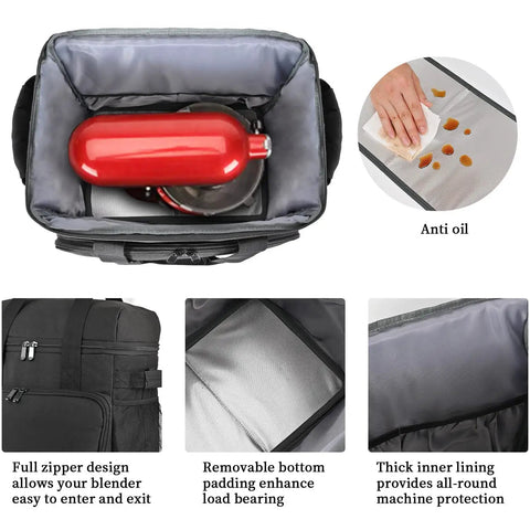 Open Padded Stand Mixer Travel Bag showing inner compartments with mixer, pockets, and anti-oil lining for 6 to 8 quart KitchenAid.