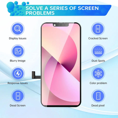 Image of iPhone 13 Mini Screen Replacement Kit 5.4 Inch With 3D Touch LCD Digitizer Full Assembly Front Glass showing screen issues it solves.