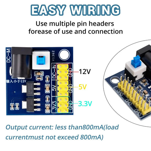 Five Pack Do It All DC-DC Power Modules For 12V To 3.3V And 5V Conversion With Triple Outputs 3.3V 5V And 12V Pass Through 800mA Max Input 6 12V Dual Sided PCB Great For DIY Electronics Prototyping Projects showing pin headers and output labels.