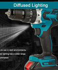 Badass Cordless Drill Driver And Electric Screwdriver With 25 Plus 1 Torque Clutches showing diffused lighting feature for dark environments.