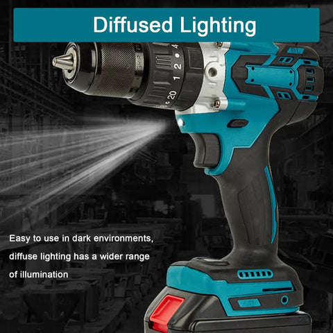 Badass Cordless Drill Driver And Electric Screwdriver With 25 Plus 1 Torque Clutches showing diffused lighting feature for dark environments.