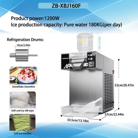 Heavy Duty Commercial Snowflake Ice Maker, No Fuss Adjustable Speed Electric Snow Cone Machine, Built Tough Stainless Steel Ice Shaver, All Day Operation For Bakeries, Cafes, And Backyard Hangouts, 1200W power, 180KG daily capacity.