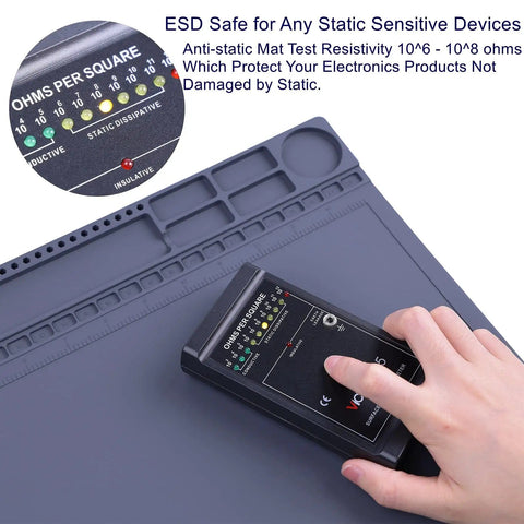 Anti Static Mat For PC Building And Electronics Repair, Heat Resistant Up To 932F, ESD Safe Soldering Pad with test device shown