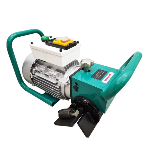 Heavy Duty Electric Plate Beveling Machine With Slick Pipe Edge Chamfering Gear For Straight Metal Side Grinding And No Fuss 30 To 60 Degree Weld Prep Angles At 220V with green handles and motor.