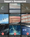 Display of various windshield cracks, including bull's eye, long crack, and star, unsuitable for Car Windshield Crack Repair Kit With Nano Glass Repair Fluid, No Fuss Quick Fix, 4 Piece Portable Glass Repair Set For Chips And Cracks, On The Go Window And Windshield Repair Solution.