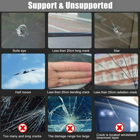 Display of various windshield cracks, including bull's eye, long crack, and star, unsuitable for Car Windshield Crack Repair Kit With Nano Glass Repair Fluid, No Fuss Quick Fix, 4 Piece Portable Glass Repair Set For Chips And Cracks, On The Go Window And Windshield Repair Solution.