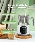 Barista Grade Milk Frother With Variable Temperature And Froth Thickness For Lattes And Hot Chocolate 21 Oz Capacity With Smart Touch Control Dishwasher Safe And Memory Function shown heating milk with drinks and pastries