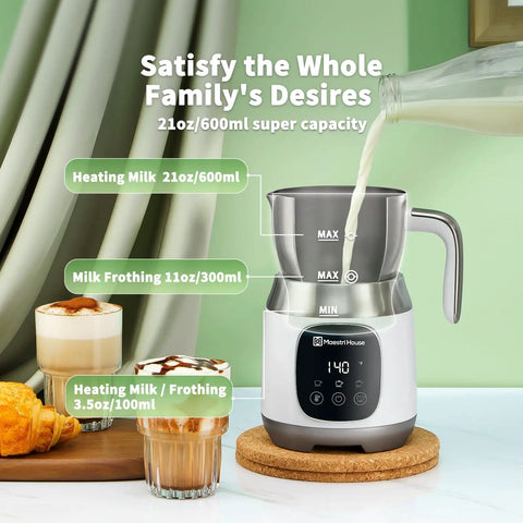 Barista Grade Milk Frother With Variable Temperature And Froth Thickness For Lattes And Hot Chocolate 21 Oz Capacity With Smart Touch Control Dishwasher Safe And Memory Function shown heating milk with drinks and pastries
