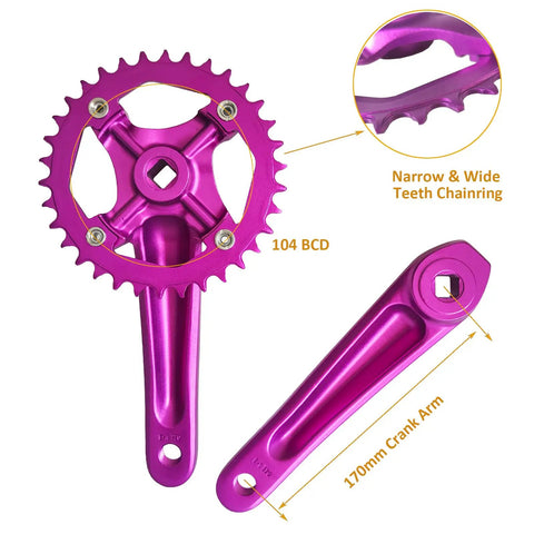 CNC 34T Single Speed Crankset 104BCD 170mm Aluminum For Mountain Road Bikes Fixed Gear And Folding Bicycles Square Taper Pedals