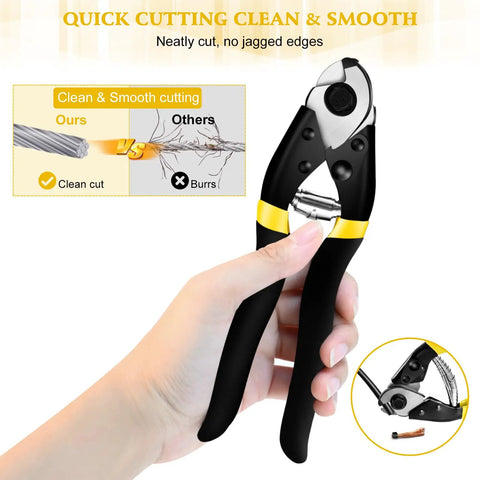 Hand holding Beefy Heavy Duty Wire Rope Cutter Pliers 7.5 Inch Stainless Steel Aircraft Grade Blade Cuts Up To Five Thirty Second Inch Black Finish