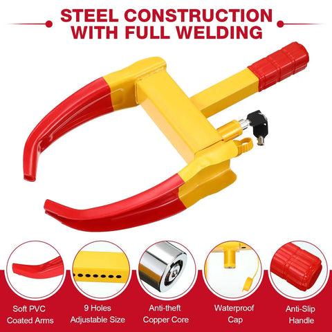 Three Pack Heavy Duty Trailer Wheel Locks For Cars And Vehicles Beefy Universal Anti Theft Tire Clamps Deterrent Yellow And Red