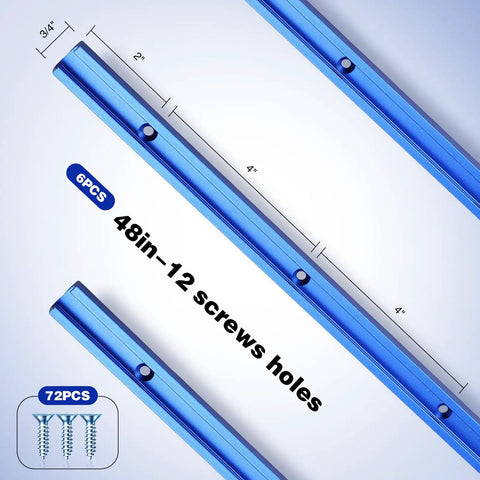 Six Piece T Track Kit For Woodworking With Screws 48 Inch Aluminum Universal T Rail Track with dimensions and screw details