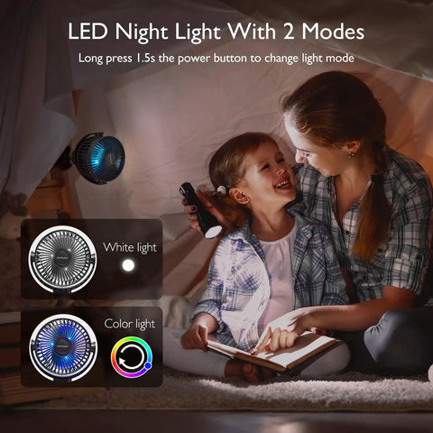 Mother and child reading with 8000mAh Portable Stroller Fan With Ultra Long Battery Life illuminating with LED night light